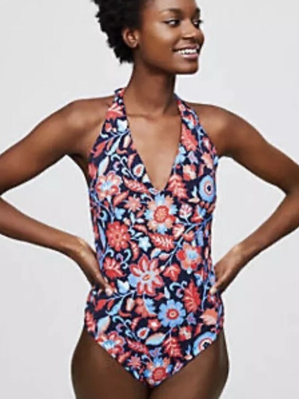 LOFT Swim Floral Halter One-Piece Swimsuit in Navy, Coral & Light Blue
